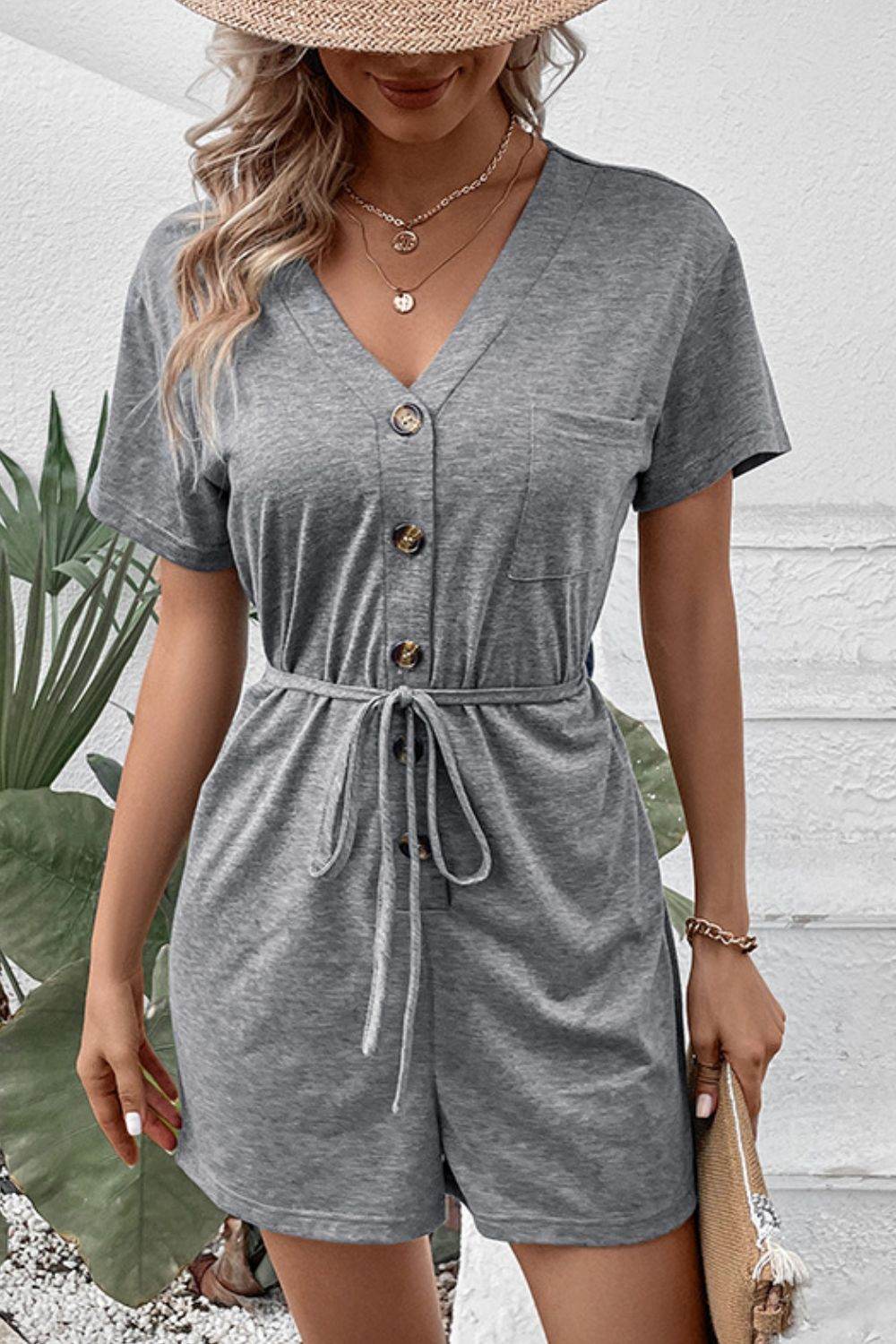 Perfee V-Neck Short Sleeve Tied Romper - Selvanelle
