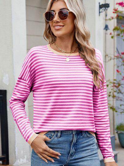 Striped Contrast Round Neck Long Sleeve Sweater for Women - Selvanelle