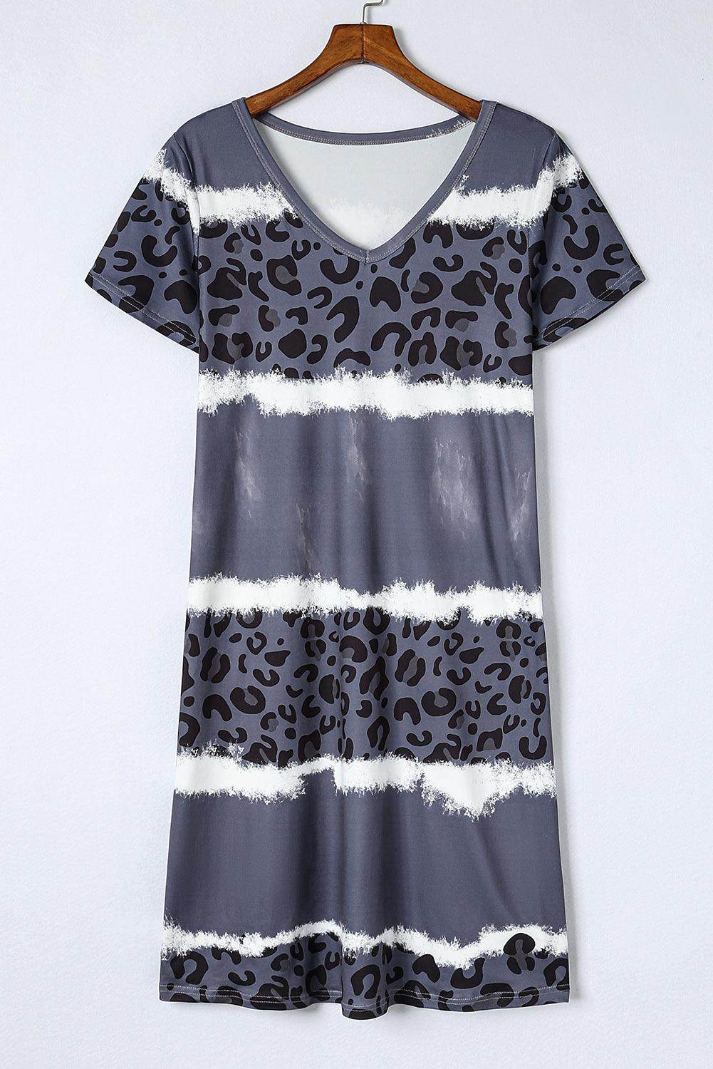 Leopard Color Block V-Neck Short Sleeve Dress for Women - Selvanelle