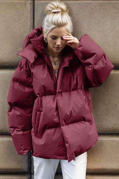 Pocketed Zip Up Hooded Puffer Jacket for Winter Comfort - Selvanelle