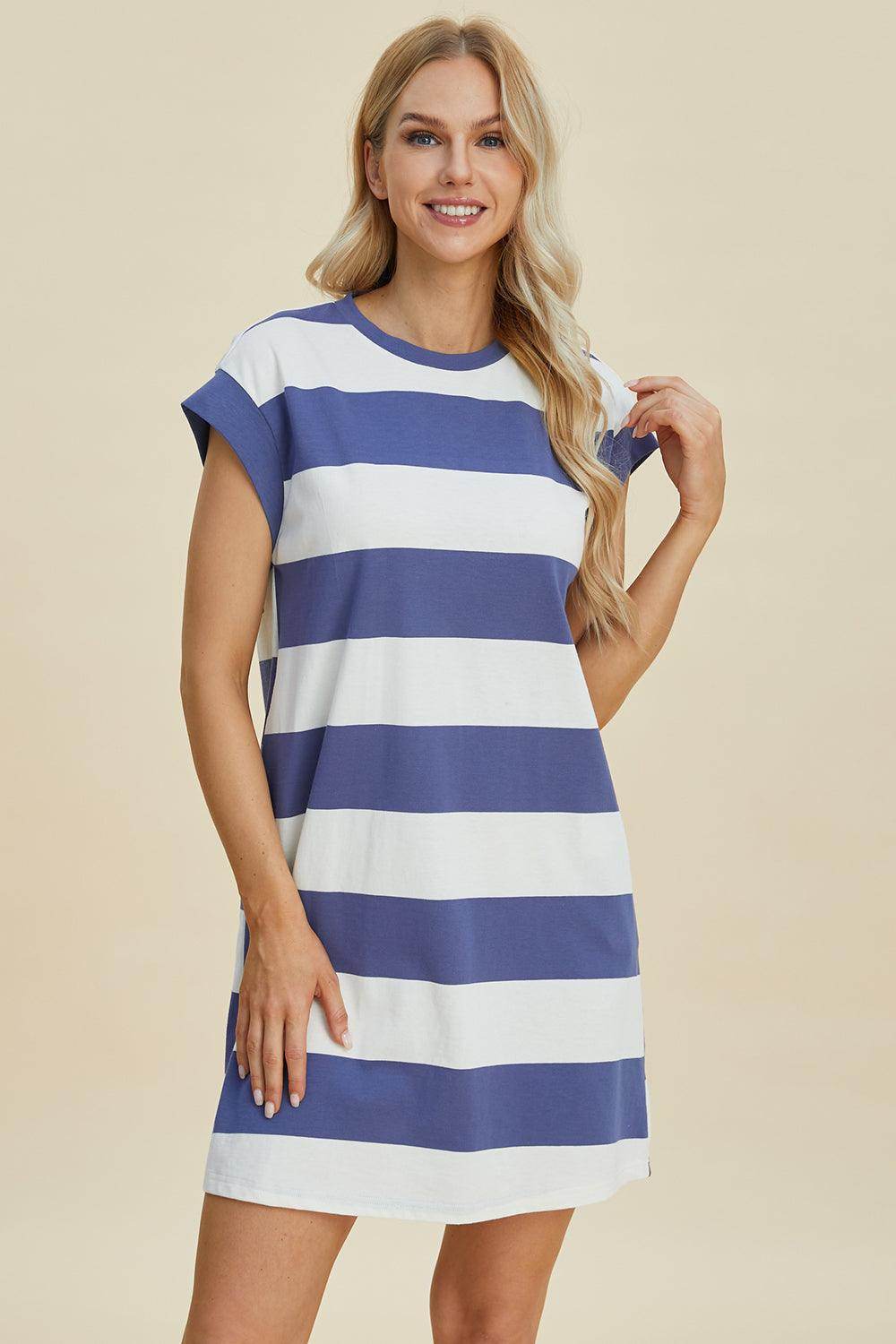 Basic Bae Full Size Striped Round Neck Cap Sleeve Mini Dress - Selvanelle