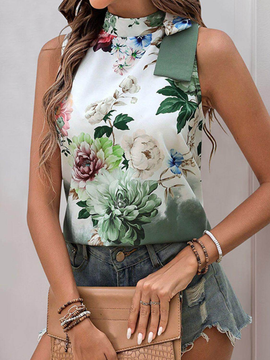 Tied Flower Printed Mock Neck Top for Women - Stylish Design - Selvanelle