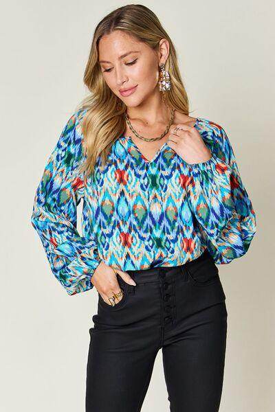 Double Take Full Size Printed Balloon Sleeve Blouse Women - Selvanelle