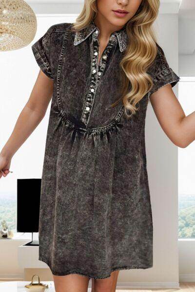 Half Snap Cap Sleeve Denim Dress for Women Stylish Fit - Selvanelle