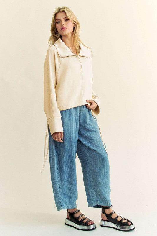 Davi & Dani Drawstring Hem Half Zip Raglan Sleeve Sweatshirt - Selvanelle