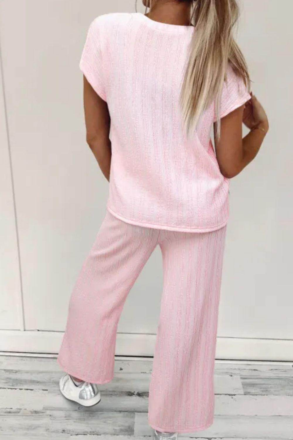 Textured Short Sleeve Top and Pocketed Wide Leg Pants Set - Selvanelle