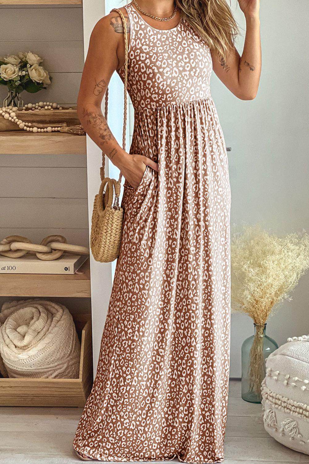 Leopard Round Neck Sleeveless Maxi Dress for Women - Selvanelle