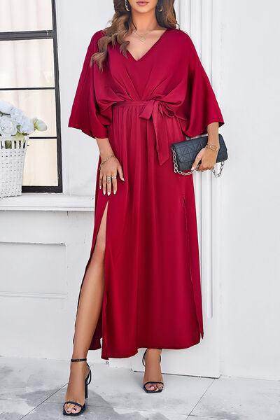 Devine Slit Tied V-Neck Three-Quarter Sleeve Dress for Women - Selvanelle