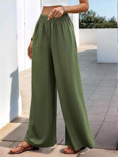 Perfee Smocked Wide Leg Pants for Women with Pockets - Selvanelle