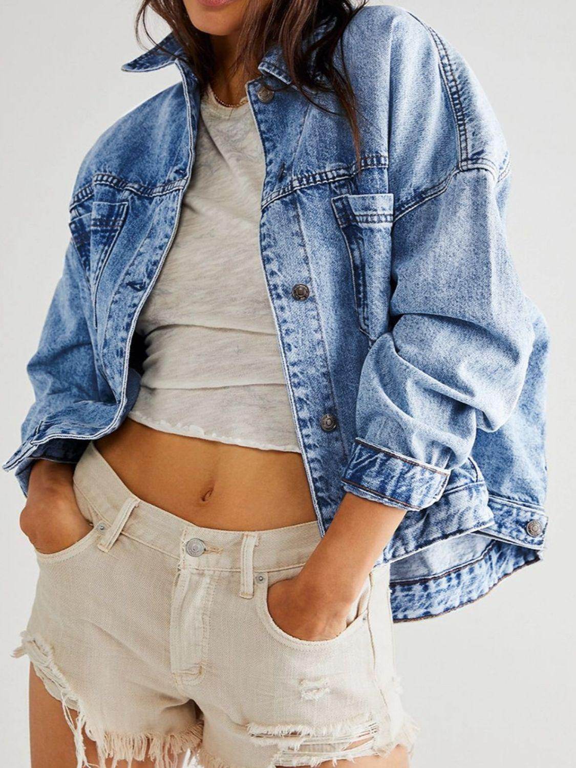 Stylish Pocketed Button Up Denim Jacket for Women - Selvanelle