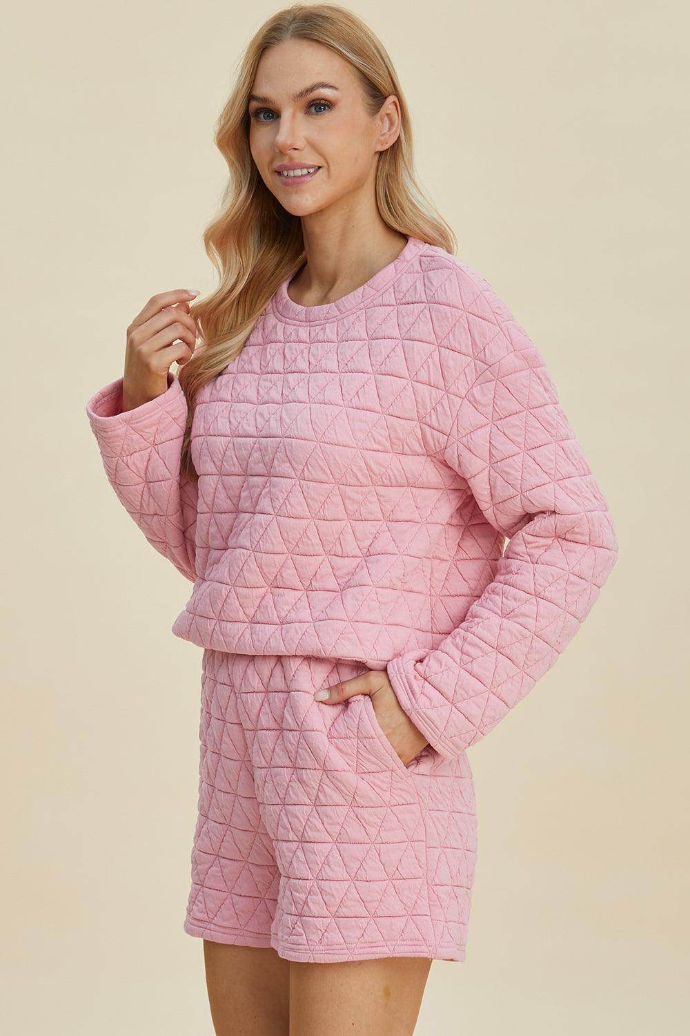 Double Take Full Size Texture Round Neck Long Sleeve Top and Shorts Set for Women - Selvanelle
