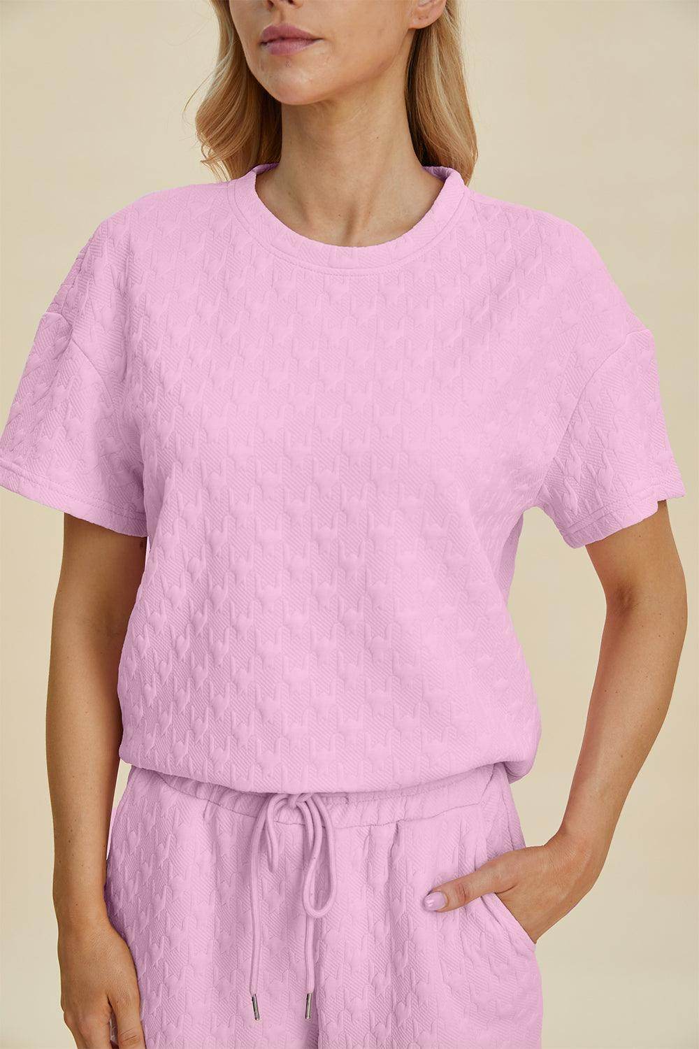 Double Take Full Size Texture Round Neck Top and Pants Set - Selvanelle