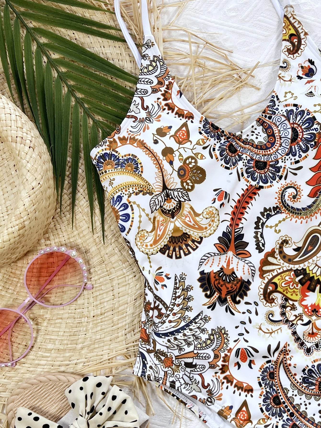 Printed Tie Back Scoop Neck One-Piece Swimsuit - Selvanelle
