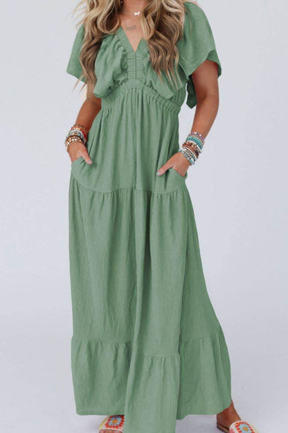 Ruffled V Neck Flutter Sleeve Maxi Dress - Selvanelle