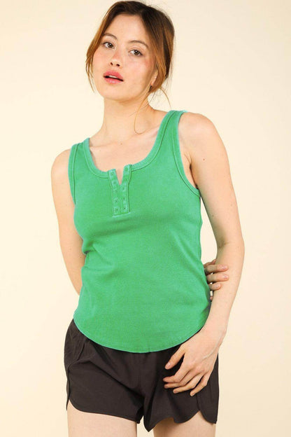 VERY J Washed Ribbed Tank with Placket Detail Top - Selvanelle