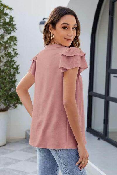 Ruffled Notched Short Sleeve Blouse for Women Fashion - Selvanelle
