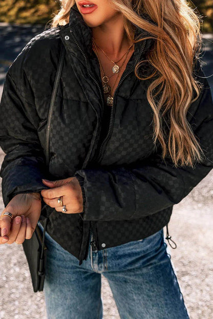 Checkered Turtleneck Zip Up Long Sleeve Winter Coat Style - Selvanelle