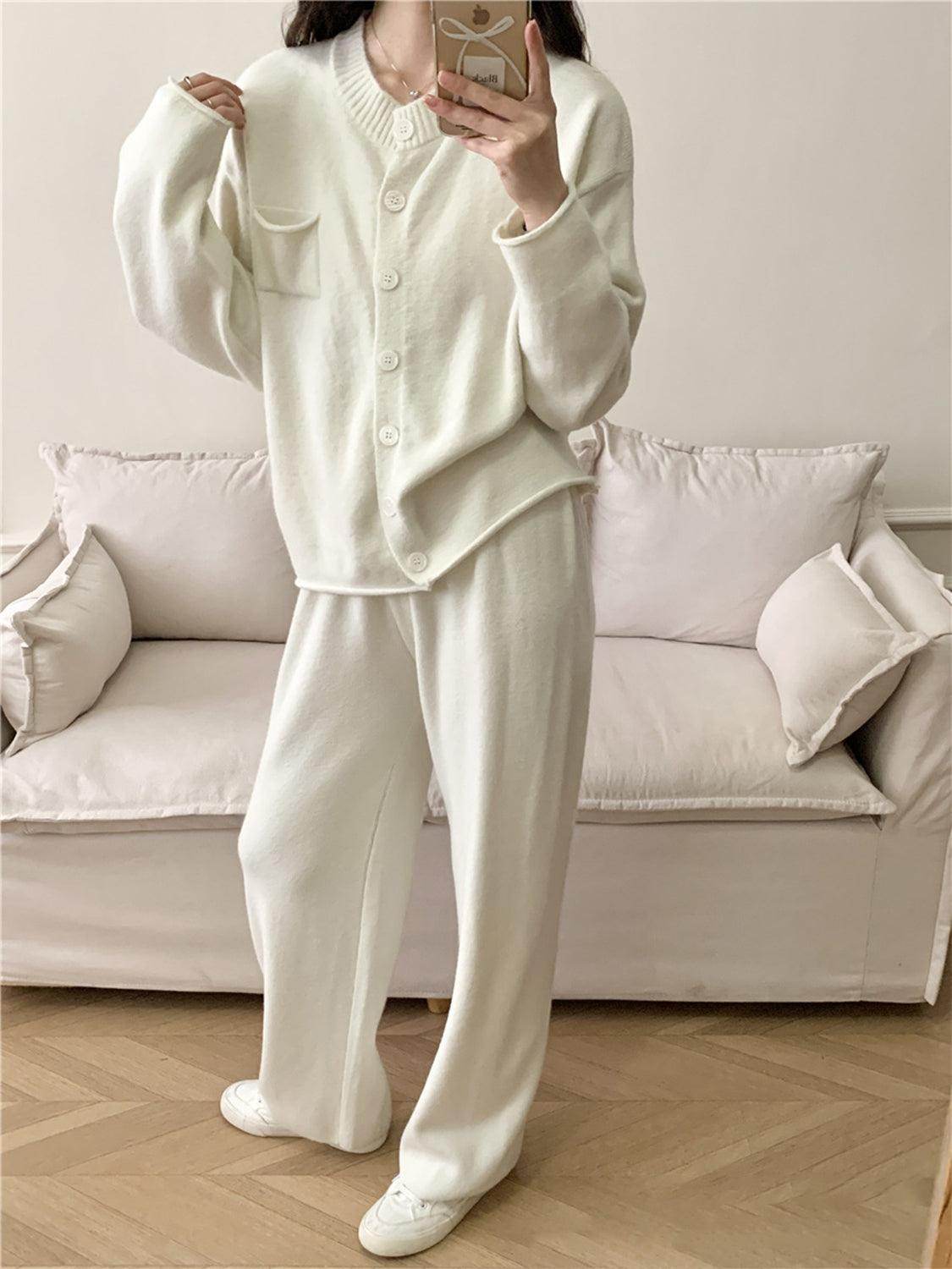 Pocketed Round Neck Button Up Cardigan and Pants Sweater Set - Selvanelle