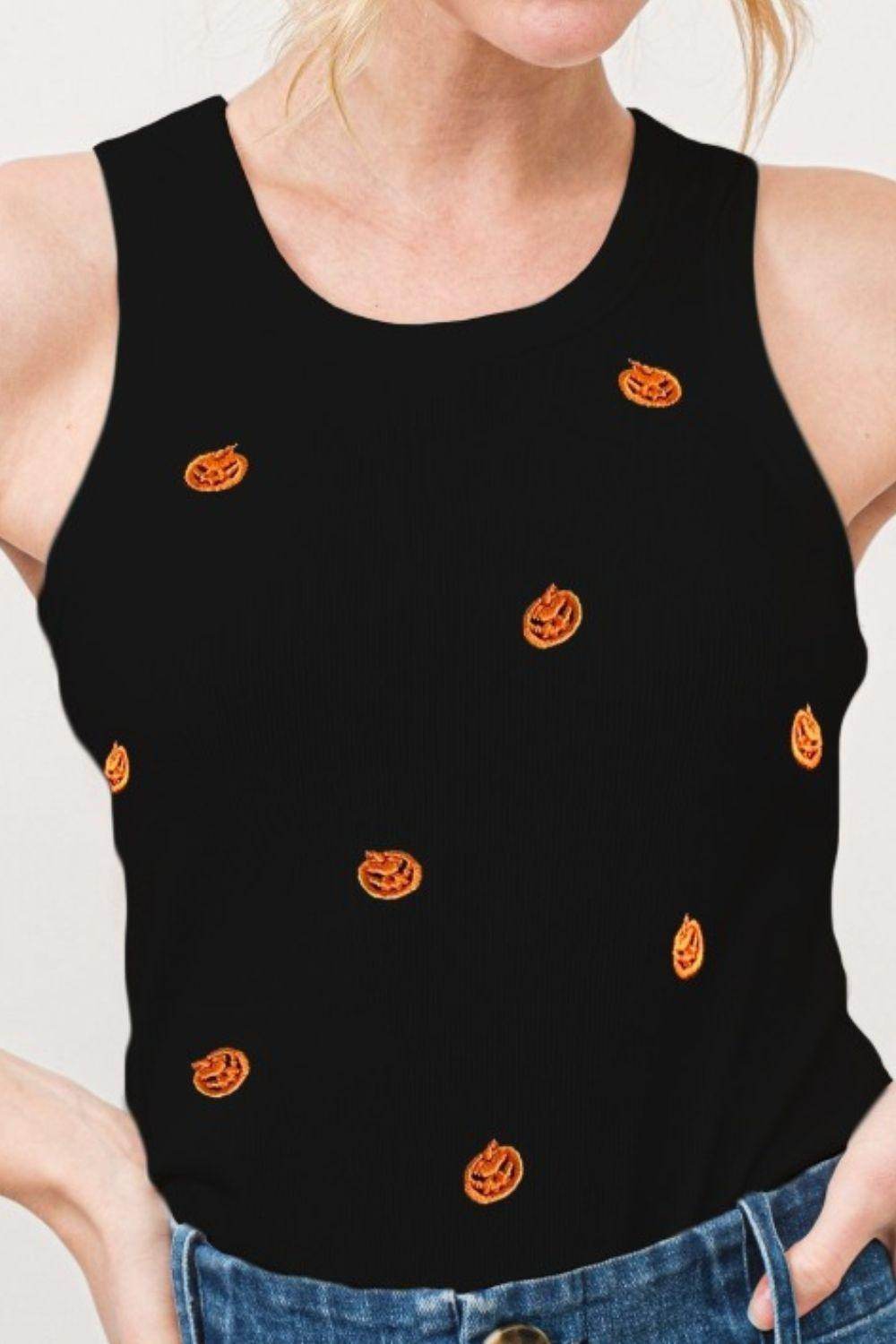 And The Why Jack O' Lantern Embroidered Ribbed Tank Top - Selvanelle