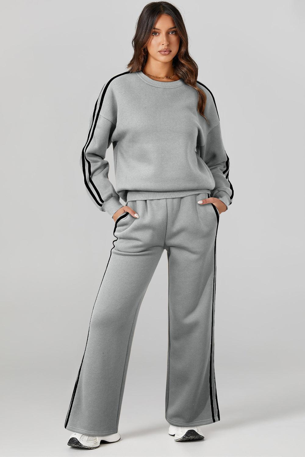 Round Neck Long Sleeve Top and Pants Active Set for Women