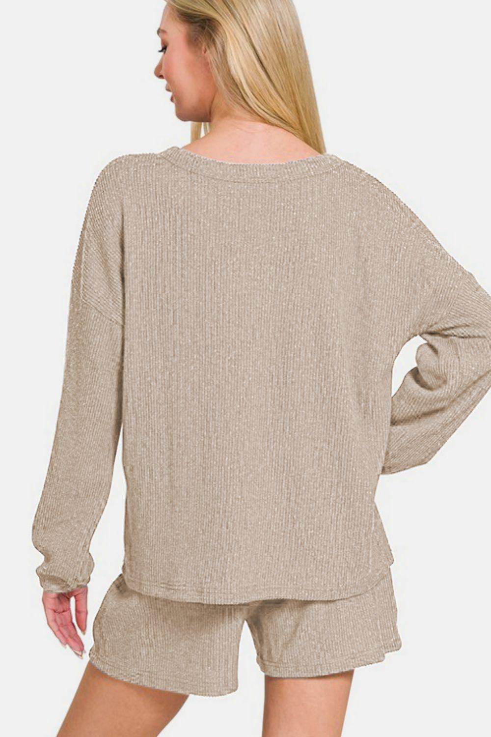 Zenana V-Neck Long Sleeve Ribbed Top and Shorts Set Outfit - Selvanelle