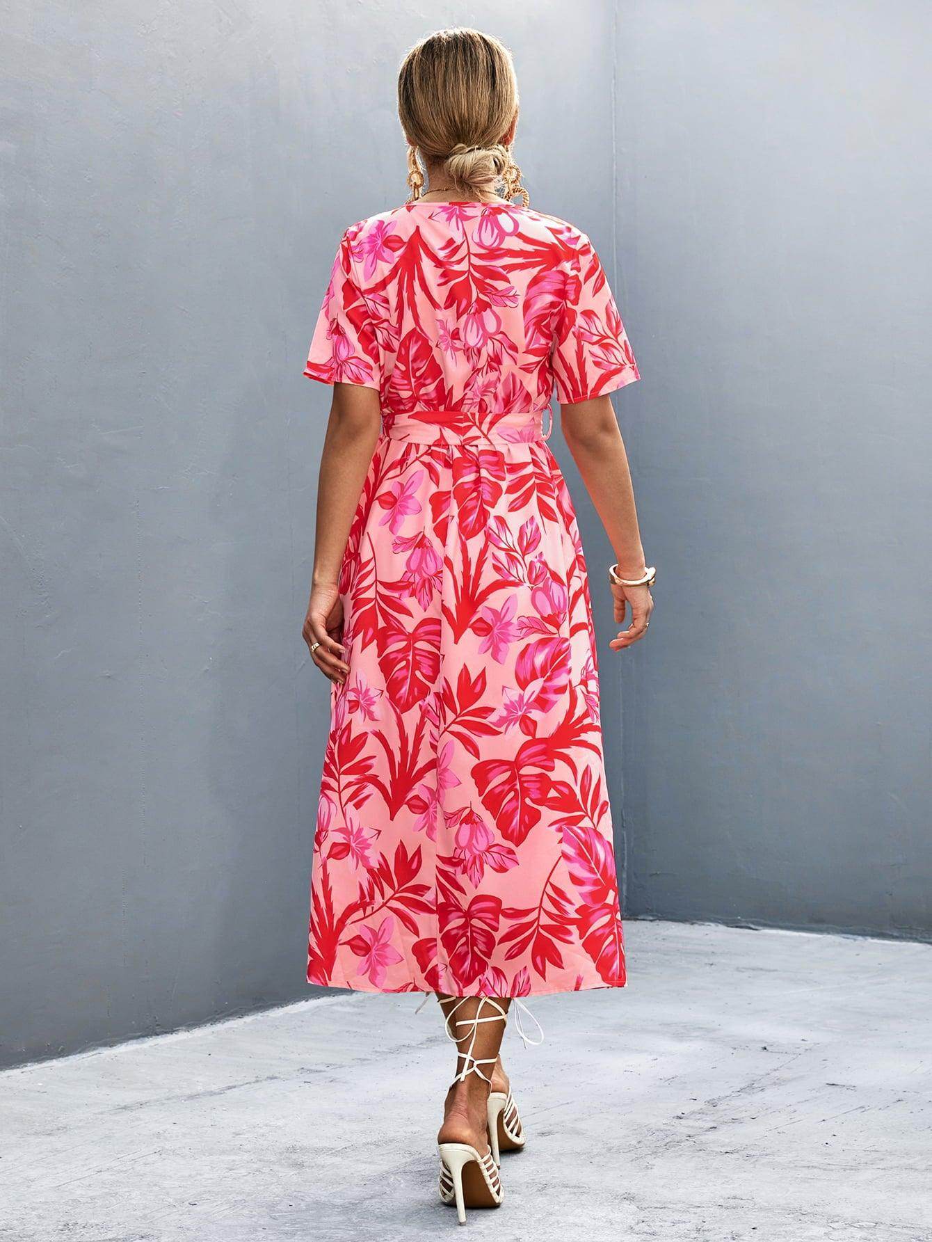 Floral Print High Slit Surplice Neck Tie Waist Midi Dress - Selvanelle