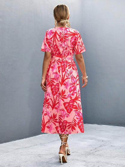 Floral Print High Slit Surplice Neck Tie Waist Midi Dress - Selvanelle