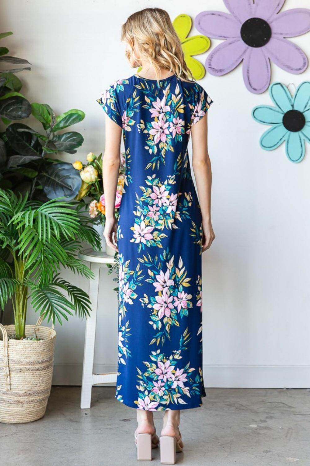 Heimish Full Size Floral Short Sleeve Slit Dress for Women - Selvanelle
