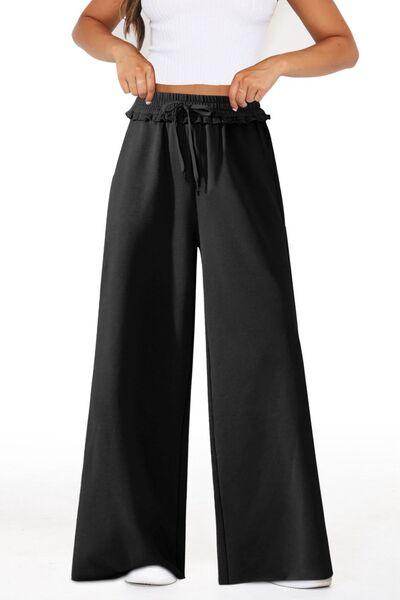 High Waist Wide Leg Pants with Pockets and Frill Detail - Selvanelle