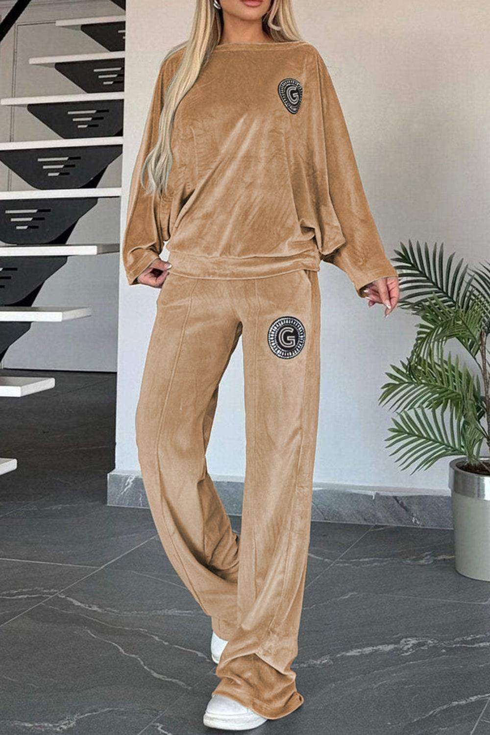 Full Size Boat Neck Long Sleeve Top and Pants Set Outfit - Selvanelle