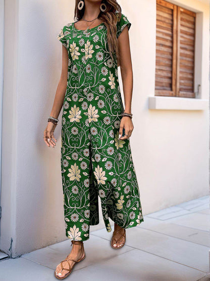 Perfee Printed Round Neck Cap Sleeve Wide Leg Jumpsuit - Selvanelle