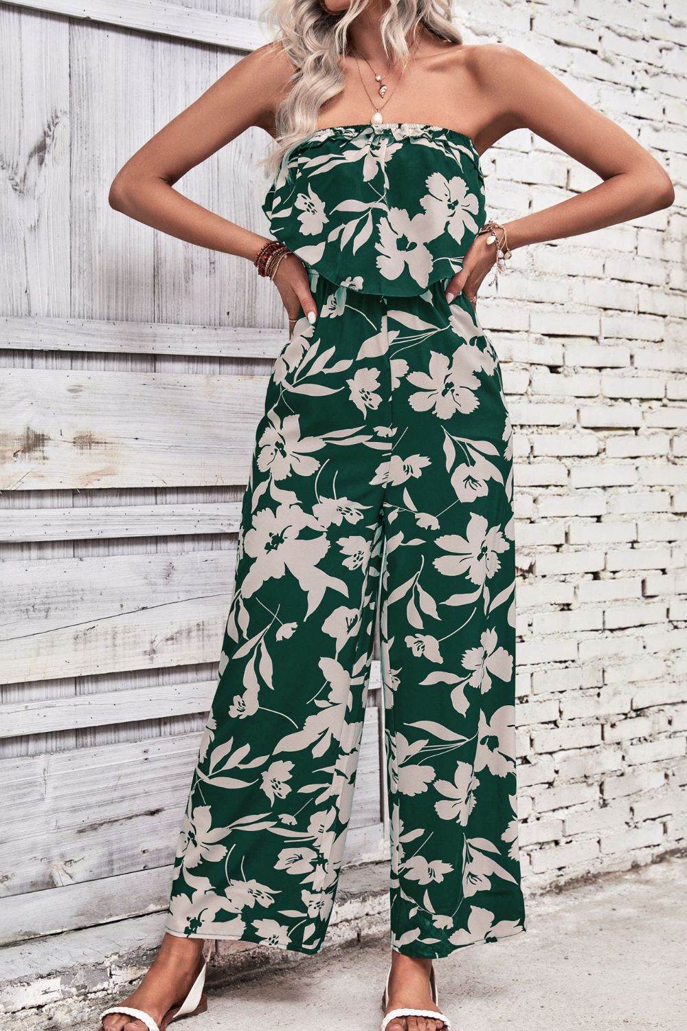 Perfee Floral Strapless Wide Leg Jumpsuit - Selvanelle