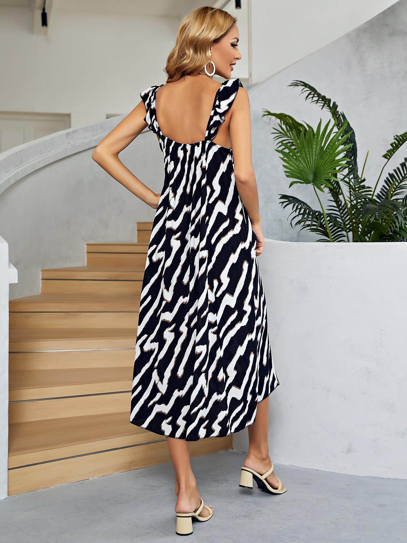Chic Two-Tone Low Back Midi Dress with Ruffle Neckline - Selvanelle