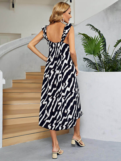 Chic Two-Tone Low Back Midi Dress with Ruffle Neckline - Selvanelle