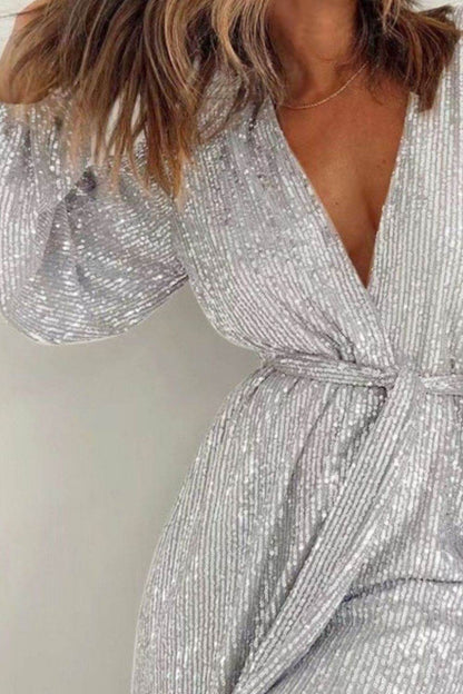 Full Size Sequin Surplice Tie Waist Long Sleeve Romper - Selvanelle