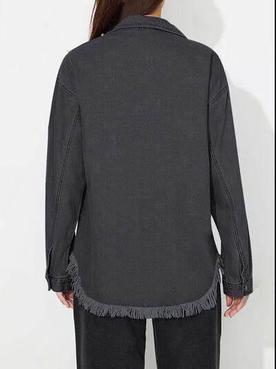 Raw Hem Pearl Trim Collared Neck Denim Top for Women - Selvanelle