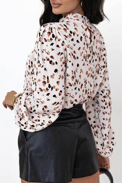 Printed Mock Neck Balloon Sleeve Blouse for Women - Selvanelle