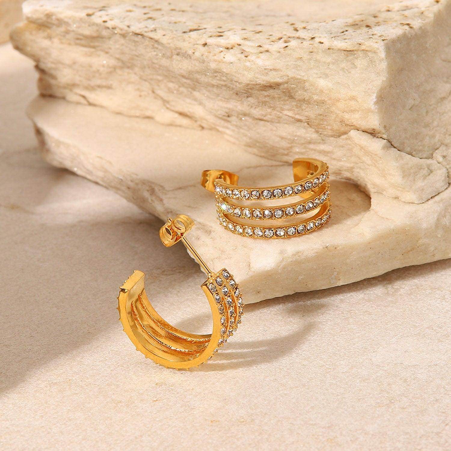 Stainless Steel Inlaid Zircon C-Hoop Earrings for Women - Selvanelle