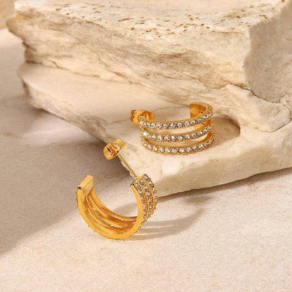 Stainless Steel Inlaid Zircon C-Hoop Earrings for Women - Selvanelle