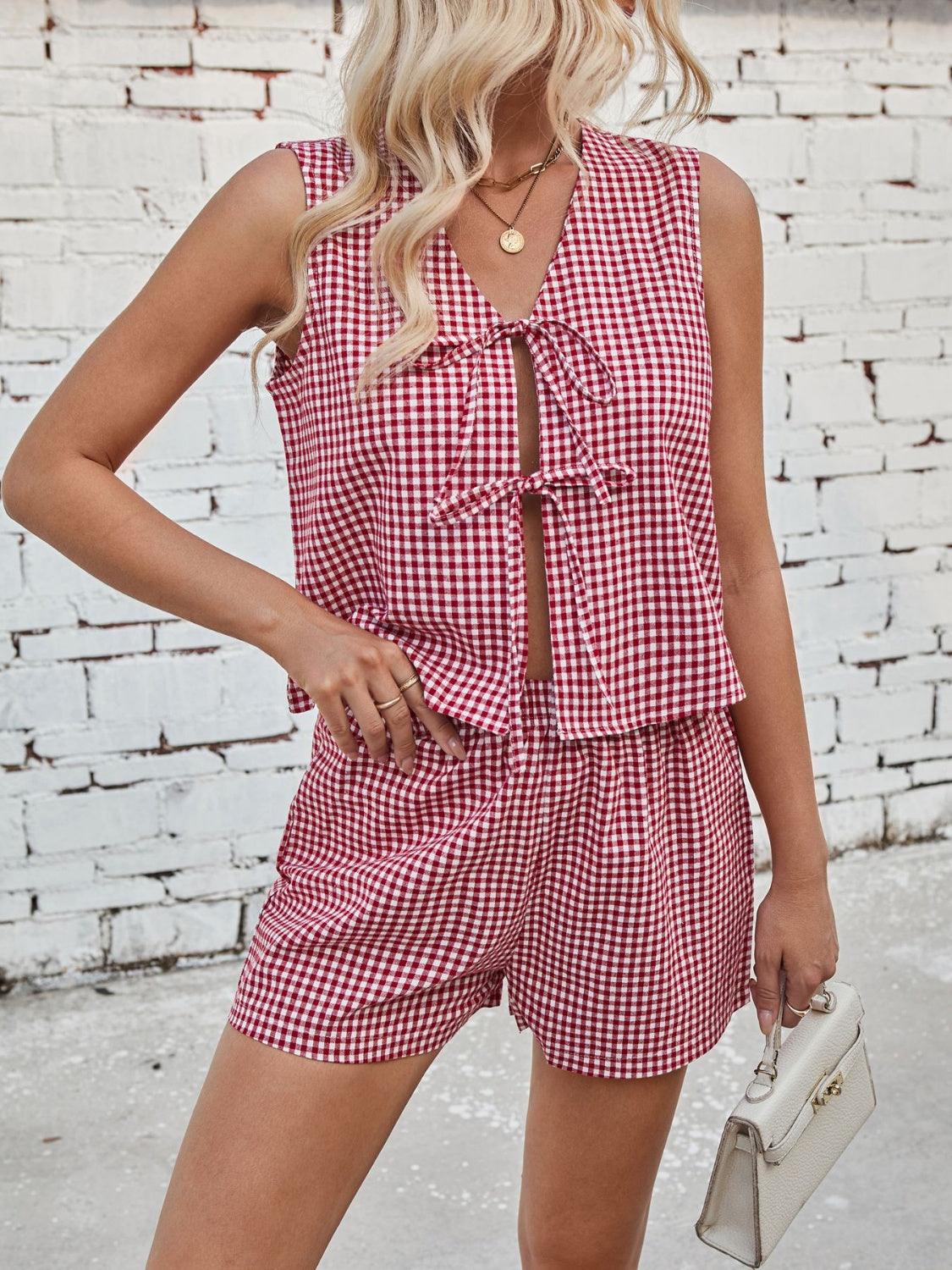 Lovelet Tied Plaid V-Neck Vest and Shorts Set for Women