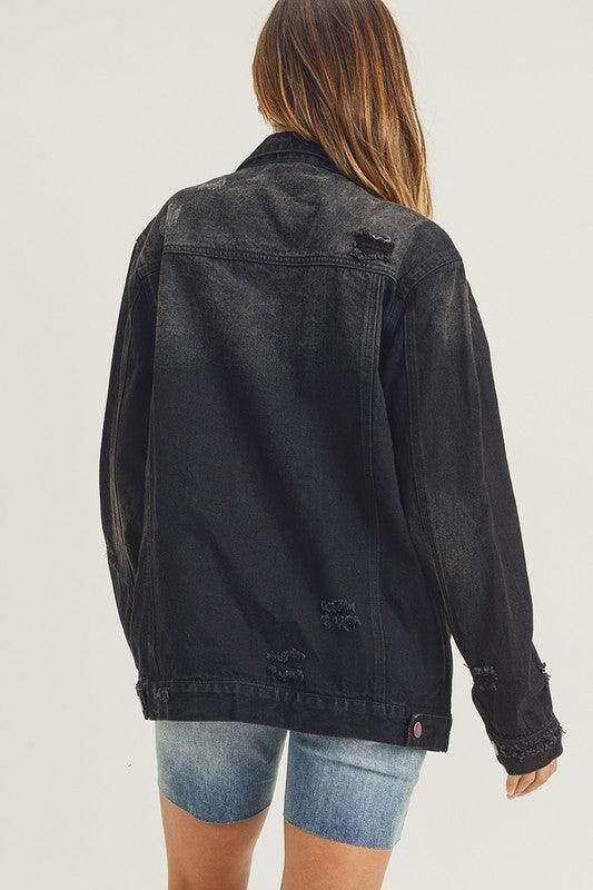 RISEN Full Size Distressed Long Sleeve Denim Jacket for Women - Selvanelle