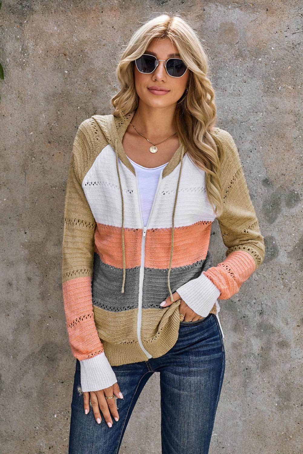 Zip-Up Raglan Sleeve Openwork Hooded Cardigan for Women - Selvanelle
