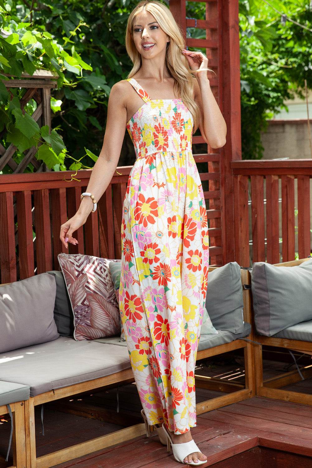 Floral Square Neck Smocked Wide Leg Jumpsuit - Selvanelle