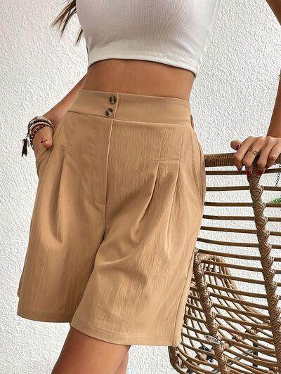Pocketed Half Elastic Waist Shorts with Side Pockets - Selvanelle