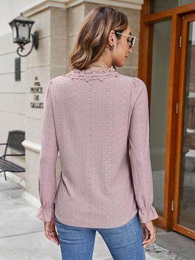 Lace Detail Eyelet V-Neck Flounce Sleeve Blouse for Women - Selvanelle