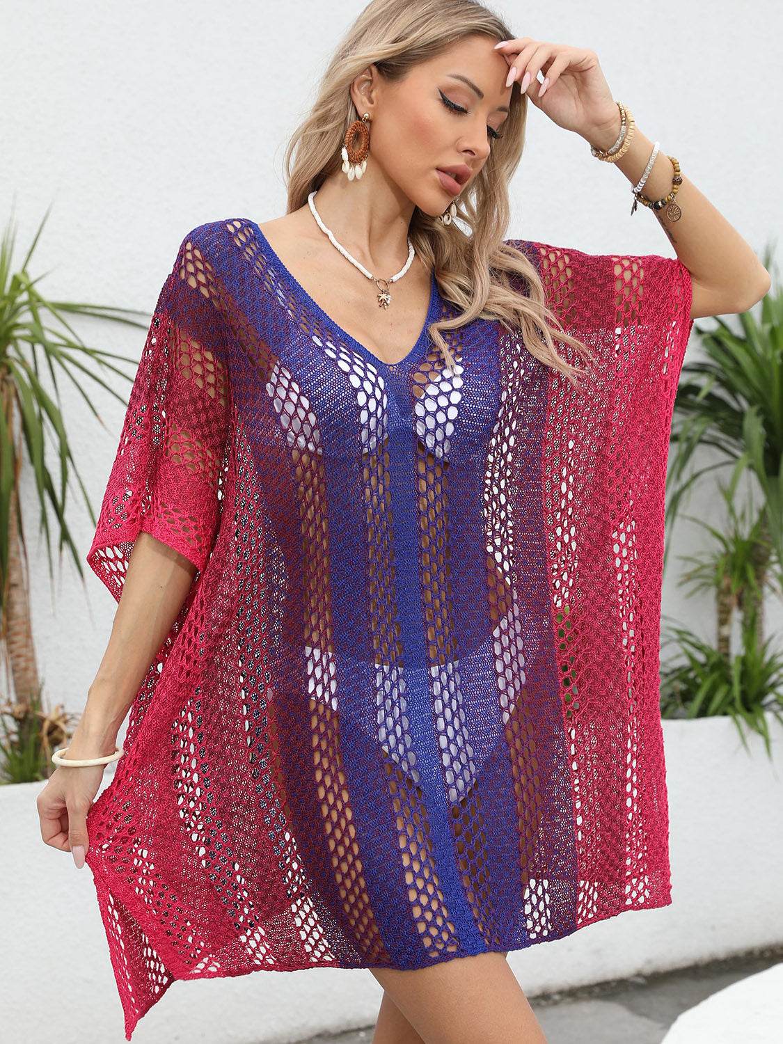 Openwork Contrast V-Neck Cover-Up - Selvanelle