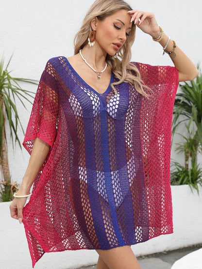 Openwork Contrast V-Neck Cover-Up - Selvanelle