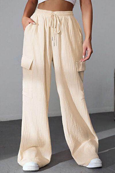Drawstring Pocketed Wide Leg Pants for Comfortable Style - Selvanelle