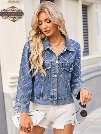 Pearl Trim Long Sleeve Denim Jacket For Women Stylish Fit - Selvanelle