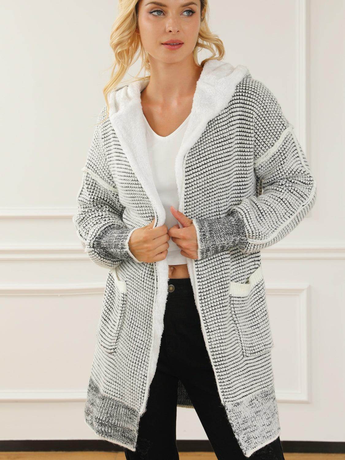 Open Front Hooded Winter Coat with Pockets for Women - Selvanelle
